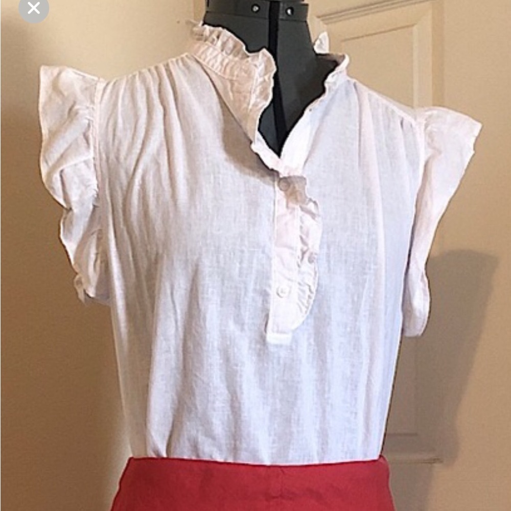 H&M White Linen Blend Ruffled Babydoll Blouse, S